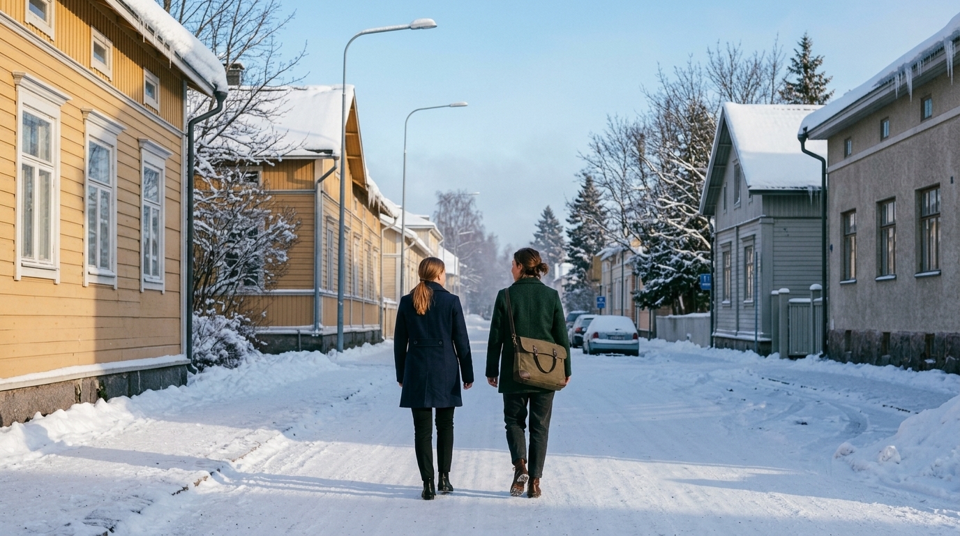 Två kollegor på väg till ett kundmöte en vintermorgon